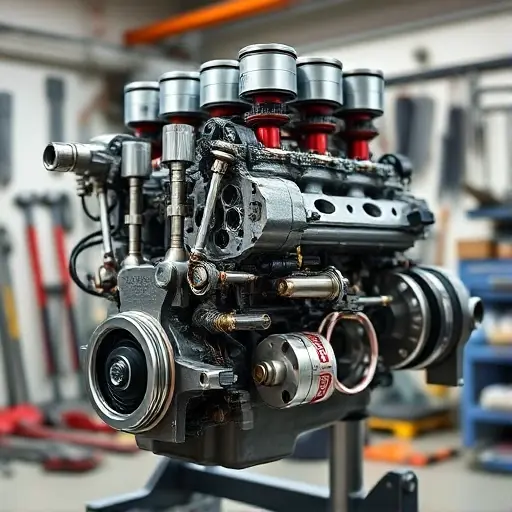 A detailed, realistic image of a disassembled Acura Integra 1.8 B18C engine. The engine should be partially exploded, showcasing key components like pistons, connecting rods, cylinder head, and crankshaft. Focus on the mechanical details and precision of the engine parts. The background should be a clean, well-lit garage environment with tools subtly visible.