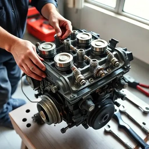 A detailed view of a mechanic's hands disassembling a Fiat Tipo 1.4L engine on a clean workshop bench, showing pistons, cylinder head, spark plugs, and tools like wrenches and a torque wrench, bright natural lighting, realistic rendering