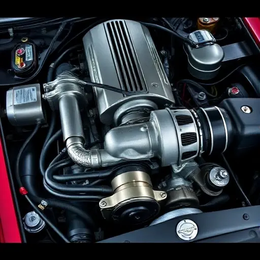 A detailed, high-quality image of the engine bay of a classic Aston Martin DB7 3.2L R6 Supercharged. Focus on the engine itself, showcasing the intricate details of the engine components, wiring, and the supercharger. The lighting should be realistic, highlighting the metallic surfaces and engine textures.