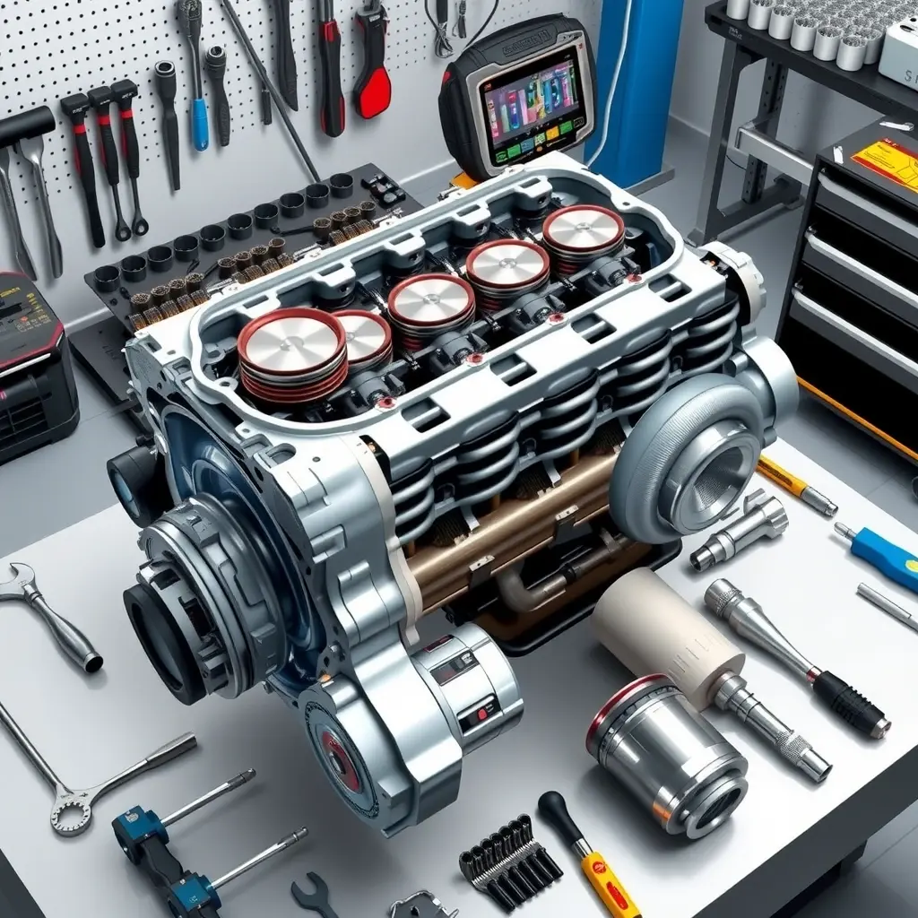 A detailed, high‑resolution illustration of a Volkswagen Scirocco 1.4 TSI 160 hp engine undergoing a complete overhaul. The scene shows the engine block opened, pistons, crankshaft, valves, and turbocharger laid out on a clean workshop bench with professional mechanic tools such as torque wrenches, socket sets, and diagnostic equipment surrounding them. The focus is on the mechanical components, metal textures, and the organized layout of parts, emphasizing precision engineering and the process of rebuilding the engine.