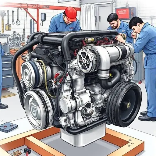A detailed illustration of a Citroën C3 1.5 BlueHDi 100 hp engine undergoing a major repair. The engine should be shown with visible components, tools, and technicians working on it in a workshop setting. Focus on the engine block, turbocharger, and various hoses and wires.