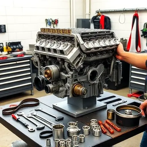 A realistic workshop scene featuring a mechanic repairing a Bristol Blenheim 5.9L V8 engine. The engine block is exposed on an engine stand, with visible pistons, crankshaft, and cylinder heads. Tools such as wrenches, a torque wrench, and a socket set are arranged on a workbench. Engine parts like a timing belt, camshaft, and oil filter are scattered around. The setting is a well-lit garage with a metal workbench, a toolbox, and a safety harness hanging nearby. The focus is on the mechanical details and the repair process, with no text or lettering visible.