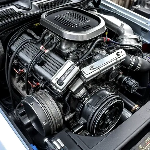 A detailed, high-quality image of a Dodge Challenger 5.7 V8 HEMI engine undergoing a major repair. The engine should be prominently displayed, showcasing various components and tools used in the repair process. Focus on the mechanical aspects and the precision involved in the work.