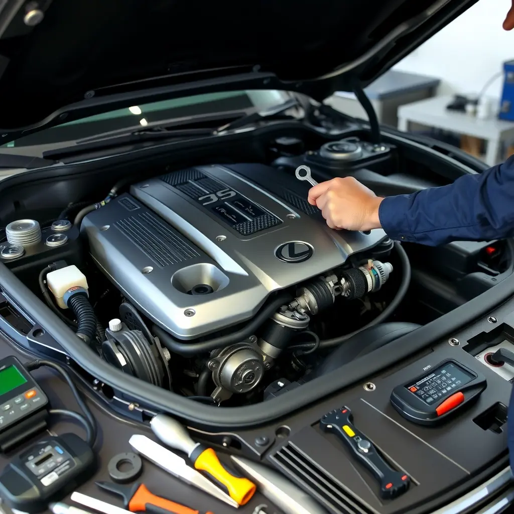 A detailed, realistic scene of a professional mechanic repairing the engine of a 2017 Lexus LS 3.5 V6 Hybrid, with the hood open to reveal the hybrid powertrain, visible V6 engine block, electric motor components, and diagnostic tools spread on a clean garage workbench. The focus is on the intricate mechanical parts, bolts, wiring harnesses, and the mechanic's hands using a wrench, all rendered in high definition with sharp lighting and depth.