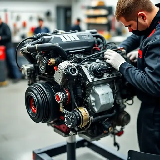 A detailed, high-quality image of an Abarth Punto 1.4 T Jet 155 hp engine repair being performed in a workshop. Focus on the engine components, tools, and a mechanic working on the engine. The background should be a clean, organized workshop environment.