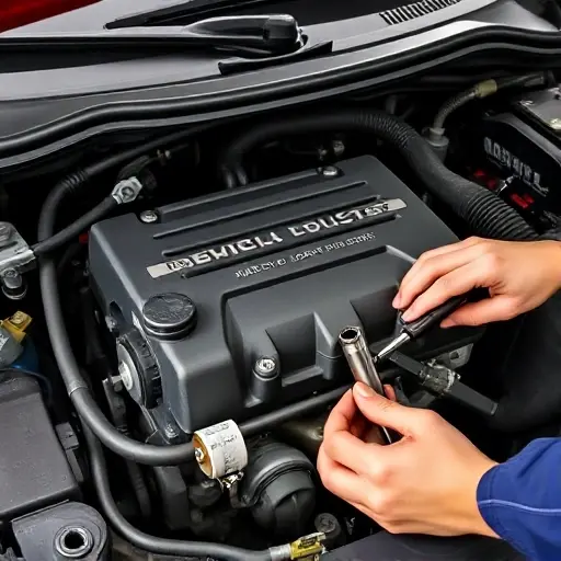 A detailed close-up of a Dacia Duster 1.3 TCe engine bay during repair, showing the engine block, oil filter, spark plugs, and a mechanic's hands with tools, all in a workshop setting, no text or lettering