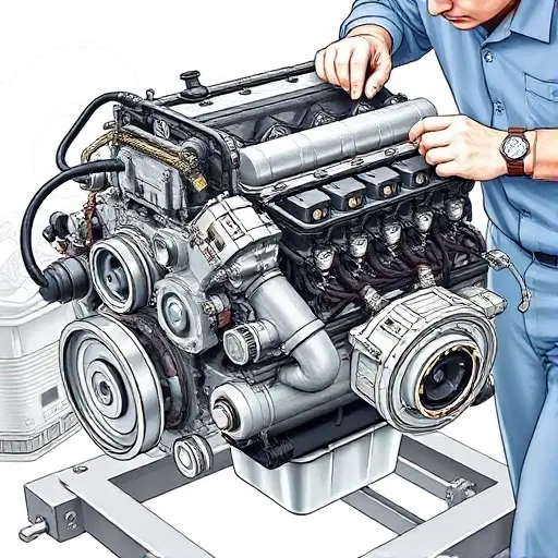 A detailed illustration of a Daewoo Leganza 2.0L 133hp engine undergoing a major repair. The engine should be shown with visible components like the block, cylinder head, and various parts being worked on by a mechanic. Focus on the repair process, tools, and the engine's internal structure.