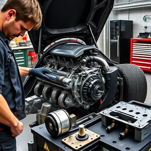 A detailed, realistic depiction of a mechanic repairing the 2.5 TFSI engine of a Donkervoort D8 GTO (2019) in a workshop setting. The scene shows the engine bay open, with visible engine components, a mechanic in work gloves and a tool belt, using a torque wrench and a set of engine parts on a workbench. The background includes a garage environment with a workbench, a hydraulic lift, and a neatly organized toolbox. The lighting is bright and focused on the engine area, highlighting the metallic surfaces and the intricate details of the engine internals.