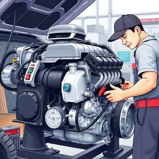 A detailed illustration of a Baojun 310 1.5L engine repair process. Focus on the engine components, tools, and a mechanic working on the engine. The scene should be well-lit and show a clean workshop environment.