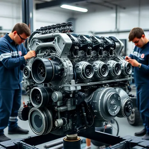 A detailed, close-up view of a high-performance Bugatti Bolide 8.0 L W16 quad-turbo engine in a workshop setting. The image shows the engine block with its distinctive 16 cylinders, exposed turbochargers, and intricate piping. Mechanics in clean, professional attire are working on the engine, using precision tools. The background is a well-lit garage with subtle industrial elements, but no visible text, logos, or signage. The focus is on the mechanical complexity and craftsmanship of the engine repair process.