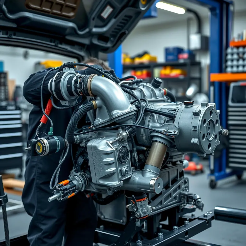 A detailed, high‑resolution scene of a modern automotive workshop where a skilled mechanic is disassembling and repairing the engine of a Jeep Compass PHEV. The focus is on the 1.3 L turbocharged gasoline engine and the integrated 240 kW electric motor, both visible with clean, realistic metal surfaces, turbocharger components, wiring harnesses, and electric motor housing. The mechanic wears a professional jumpsuit and uses appropriate tools, while the background shows organized tool racks, diagnostic equipment, and a subtle hint of the vehicle chassis, all rendered in a crisp, photorealistic HD‑HQ style.