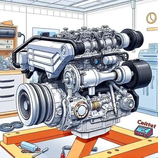 A detailed illustration of a BMW 3er E90 3.0L 218 hp engine undergoing repair. The engine should be partially disassembled, showing various components like the engine block, pistons, connecting rods, and crankshaft. Tools such as wrenches, screwdrivers, and diagnostic equipment should be visible around the engine. The background should be a clean, well-lit workshop environment.