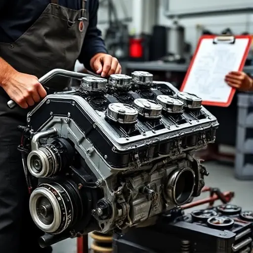 A detailed workshop scene showing a mechanic repairing a Cadillac XTS V Sport 3.6 V6 Twin Turbo engine. The focus is on the engine block with visible turbochargers, pistons, and oil lines. The mechanic is wearing a tool belt, using a wrench, with a workbench, engine parts, and a schematic diagram on a clipboard. The lighting is bright and industrial.