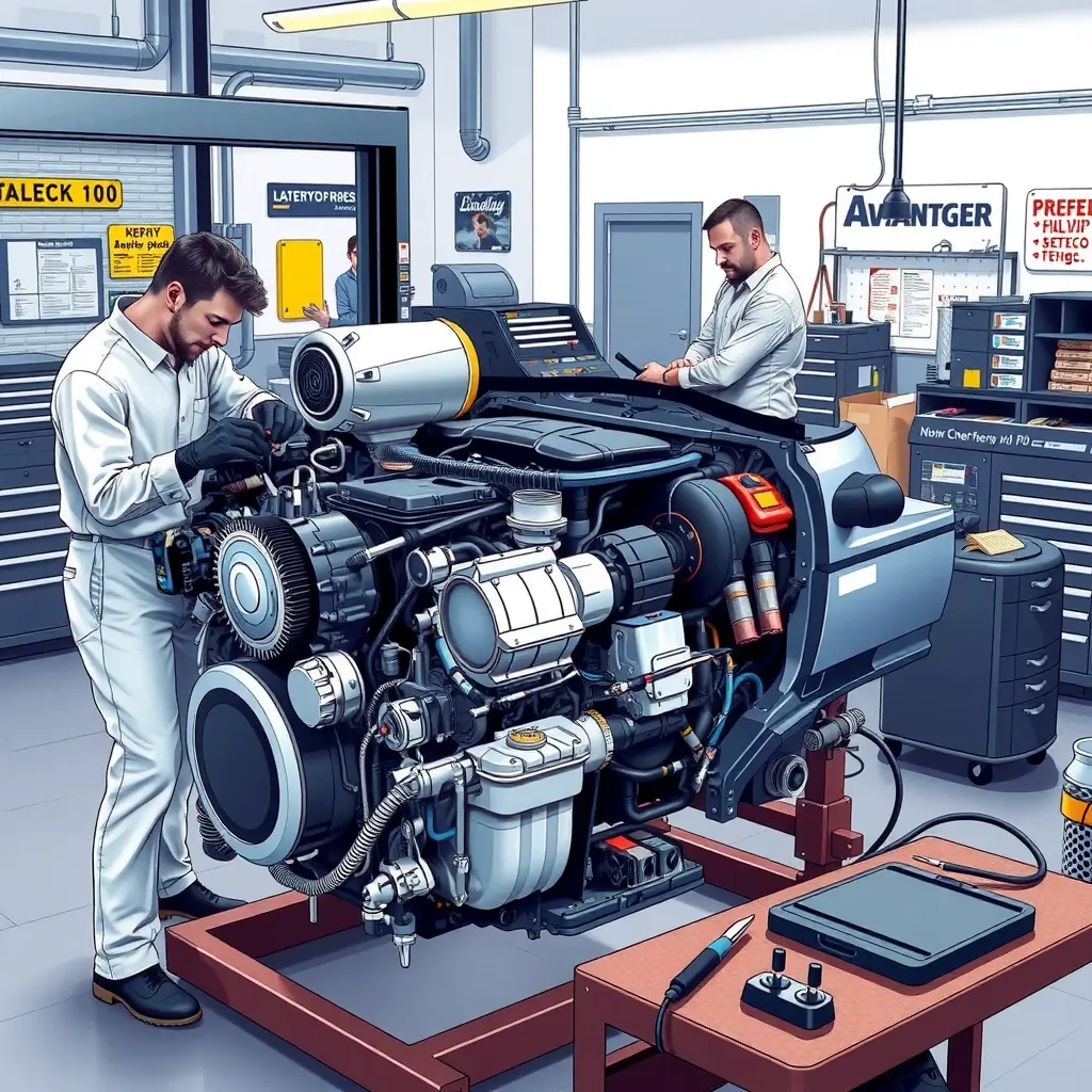 A detailed, high-resolution illustration of a Lincoln Aviator PHEV 2020 engine undergoing a major overhaul in a professional garage. The scene shows a mechanic in clean work attire using specialized tools to disassemble and inspect engine components such as the turbocharger, battery pack, and fuel system. The engine block is exposed, with parts neatly organized on a workbench, and the background includes typical garage equipment like lifts, tool cabinets, and safety signage, all rendered in realistic, photorealistic style.
