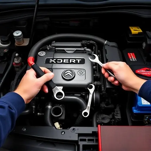 A mechanic's hands and tools working on the engine of a Citroën Berlingo 1.5 BlueHDi 75 hp, 2018 model, showing the engine bay, visible engine components, a wrench, a screwdriver, a torque wrench, and a toolbox, all in a workshop setting with a focused light source illuminating the area.