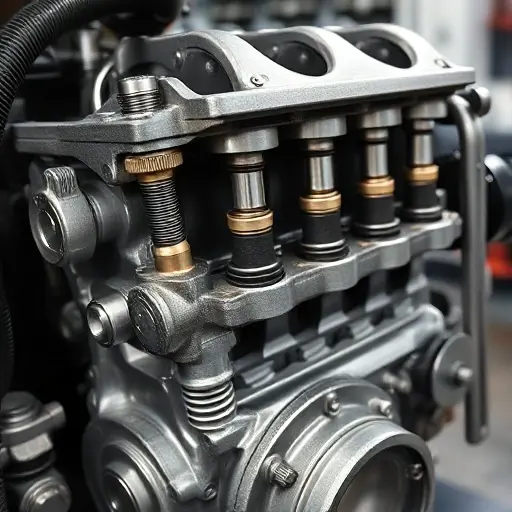 A detailed close-up of a Citroën Jumpy 2.0 BlueHDi engine being repaired, showing the engine block, pistons, and mechanic tools such as wrenches and a torque wrench, with a clean workshop background and subtle lighting highlighting the metal surfaces.