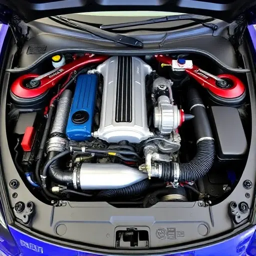 A detailed, high-quality image of a 2021 Alpine A110 1.8 Turbo with a freshly repaired engine bay. The engine should be clean and well-lit, showcasing the turbocharger, intercooler, and other components. Focus on the mechanical details and the overall condition of the engine.