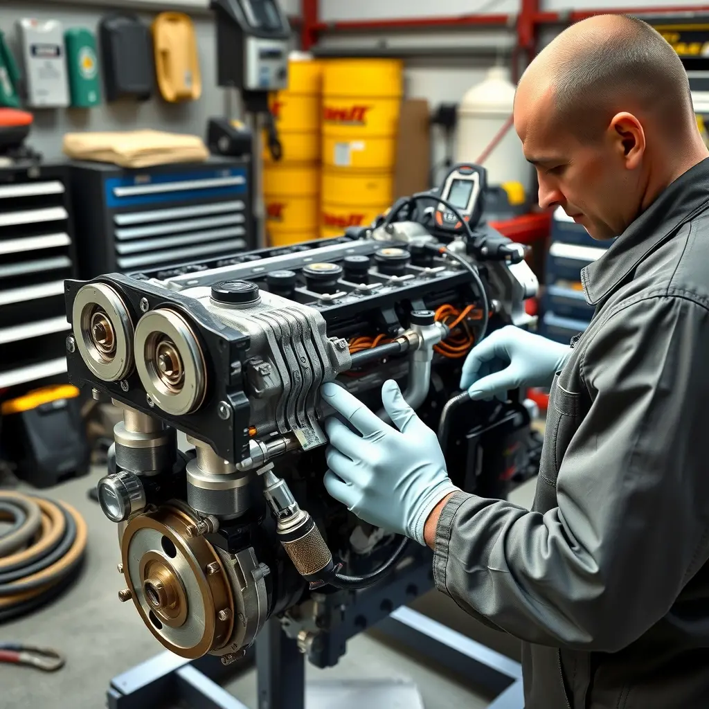 A detailed, realistic scene of a mechanic in a workshop repairing the diesel engine of an Iveco Daily 3.0 (2014‑present). The engine is partially disassembled, showing pistons, turbocharger, and fuel system components. The mechanic is using professional tools, wearing a clean coverall and gloves. The background includes a well‑organized garage with tool cabinets, oil drums, and diagnostic equipment, all rendered in high‑definition, high‑quality detail.