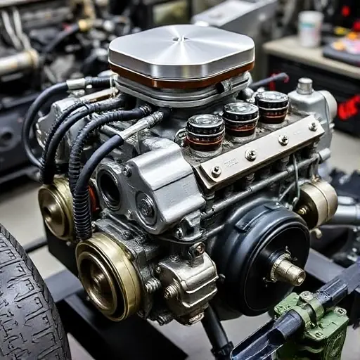 A detailed, high-quality image of a Caterham Seven 160 0.66 L Suzuki Tu engine undergoing a major overhaul. The engine should be prominently displayed, showcasing various components and tools used in the repair process. Focus on precision and mechanical detail.