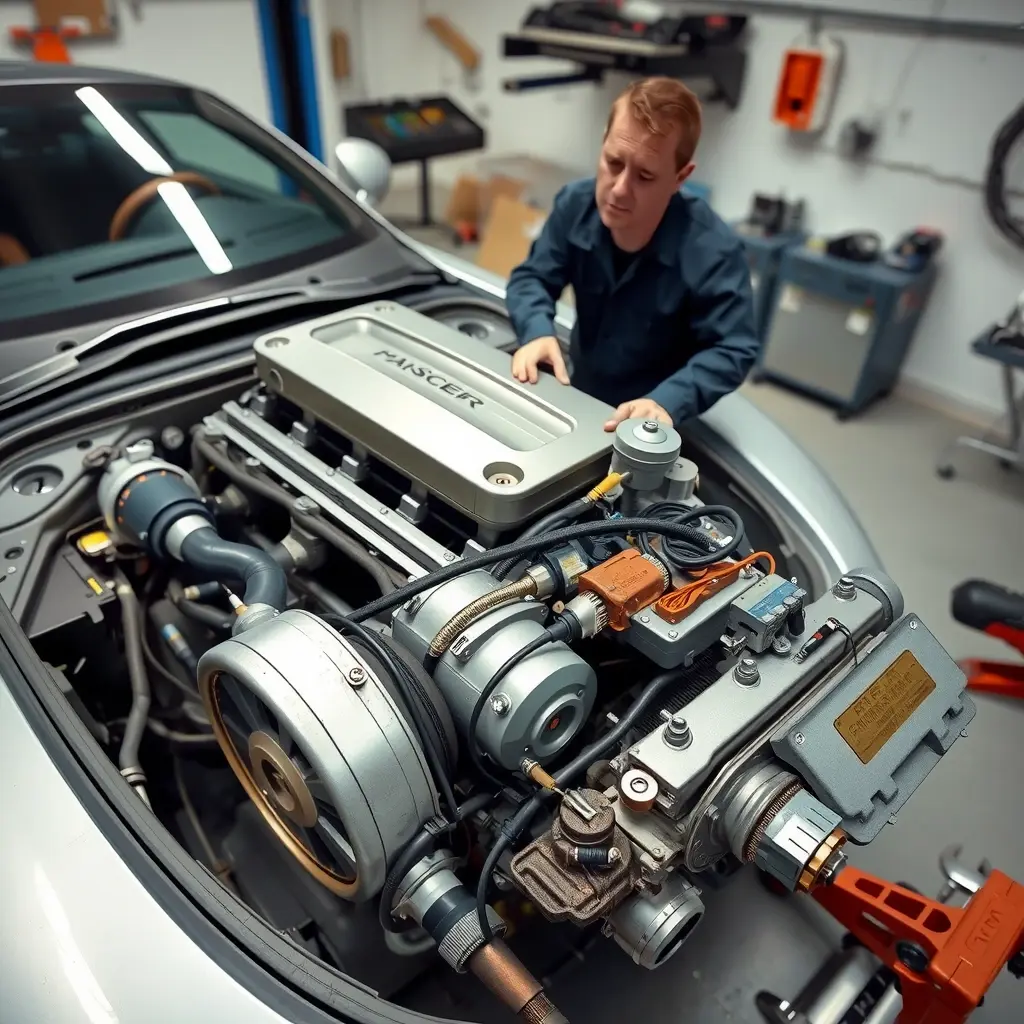 A high-detail, realistic scene of a professional mechanic in a clean garage, carefully disassembling and inspecting the hybrid engine of a 2011-2012 Fisker Karma. The focus is on the engine block, electric motor, and associated components, with tools like wrenches and diagnostic equipment spread around. The car's body is partially visible, but the emphasis remains on the engine bay, showcasing metallic textures, wiring, and the intricate hybrid system. The lighting is bright and natural, highlighting the craftsmanship and technical complexity of the repair work.