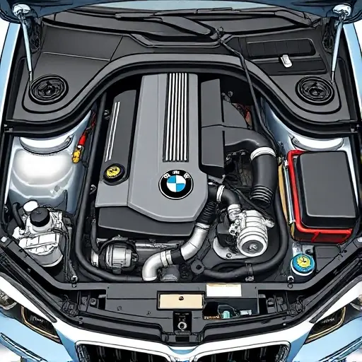A detailed illustration of a BMW 1 Series E81 engine bay showing a mechanic performing maintenance on a 1.6L 102 hp engine from 2004 to 2011, with tools and parts visible, clean and professional composition