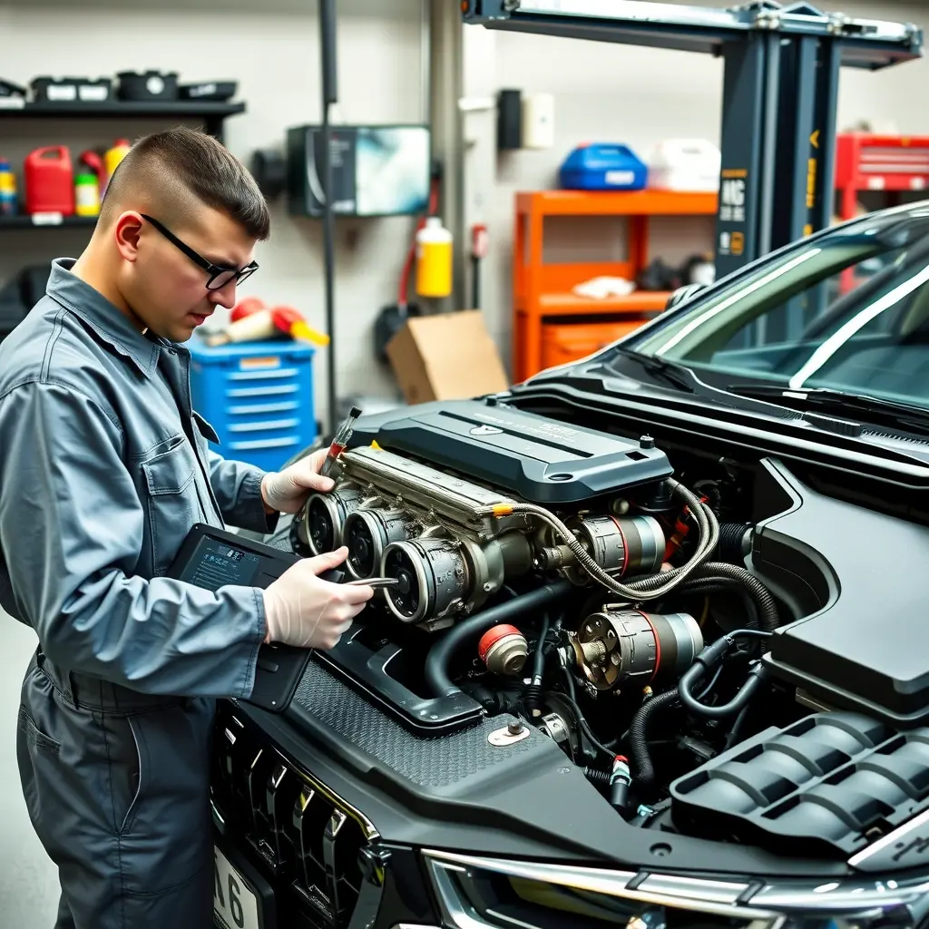 A detailed, high-resolution scene of a professional mechanic repairing the 2.0 Turbo engine of a GAC Trumpchi M8. The engine block is open, showing pistons, turbocharger, and wiring. The mechanic, wearing a clean jumpsuit, gloves, and safety glasses, is using a wrench and diagnostic tablet. The garage background includes organized tool racks, oil cans, and a service lift, all rendered in realistic HD-HQ quality.