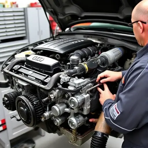 A detailed, realistic depiction of a mechanic working on the engine of an Audi Q7 3.0 V6 TDI (2015-2022). The engine should be partially disassembled, showcasing the internal components. Focus on the engine bay and the mechanic's hands working with tools. The background should be a clean, organized garage setting.