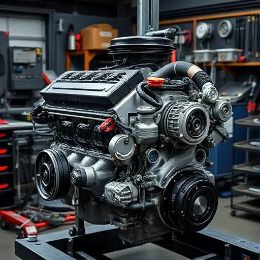 A detailed workshop scene showing a mechanic repairing the 1.4 TSI internal combustion engine of a Cupra Formentor PHEV, with the electric motor components visible, tools, engine block, and hybrid system parts, all in a realistic style