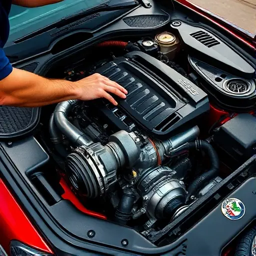A detailed, realistic image of a mechanic working on the engine of an Alfa Romeo Giulia 2.0 Turbo. The engine should be partially disassembled, showcasing the turbocharger and other internal components. Focus on the engine bay and the mechanic's hands working with tools. The car should be a modern Alfa Romeo Giulia, with a focus on the engine area.