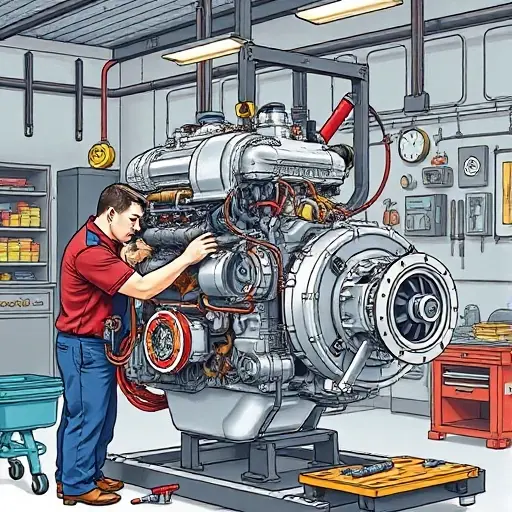 A detailed illustration of a mechanic repairing the 1.5T engine of a BYD Tang DM i, with visible engine components and a 500 hp electric motor assembly, set in a workshop environment with tools and safety gear