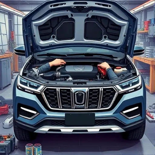 A detailed illustration of a Borgward BX7 SUV from 2016-2020 undergoing engine overhaul, showing the engine bay with open hood, mechanic hands working on a 2.0T 224hp engine, tools and parts scattered, realistic lighting, high detail, automotive workshop background