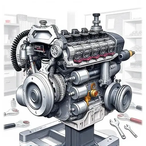A detailed illustration of a Chevrolet Spark 1.2L engine undergoing a major repair. The engine should be partially disassembled, showing various components like the cylinder head, pistons, and crankshaft. Tools such as wrenches, screwdrivers, and diagnostic equipment should be visible around the engine. The background should be a clean, well-lit workshop environment.