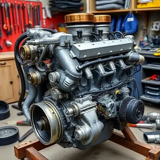 A detailed, high-quality image of a Bufori Geneva 2.4L R4 160 hp engine undergoing a major overhaul. The engine should be shown in a workshop setting, with various tools and parts surrounding it. Focus on the engine's components, highlighting the intricate details of the internal mechanisms.