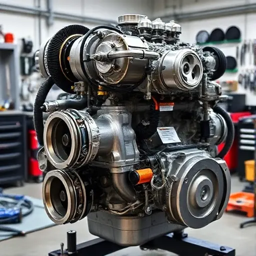 A detailed, high-quality image of a Bristol Fighter Turbo 8.0 L V10 engine undergoing a major overhaul. The engine should be prominently displayed, showcasing its complex components and intricate details. Focus on the engine block, turbocharger, and exhaust system. The background should be a clean, well-lit workshop environment with tools and equipment subtly visible.