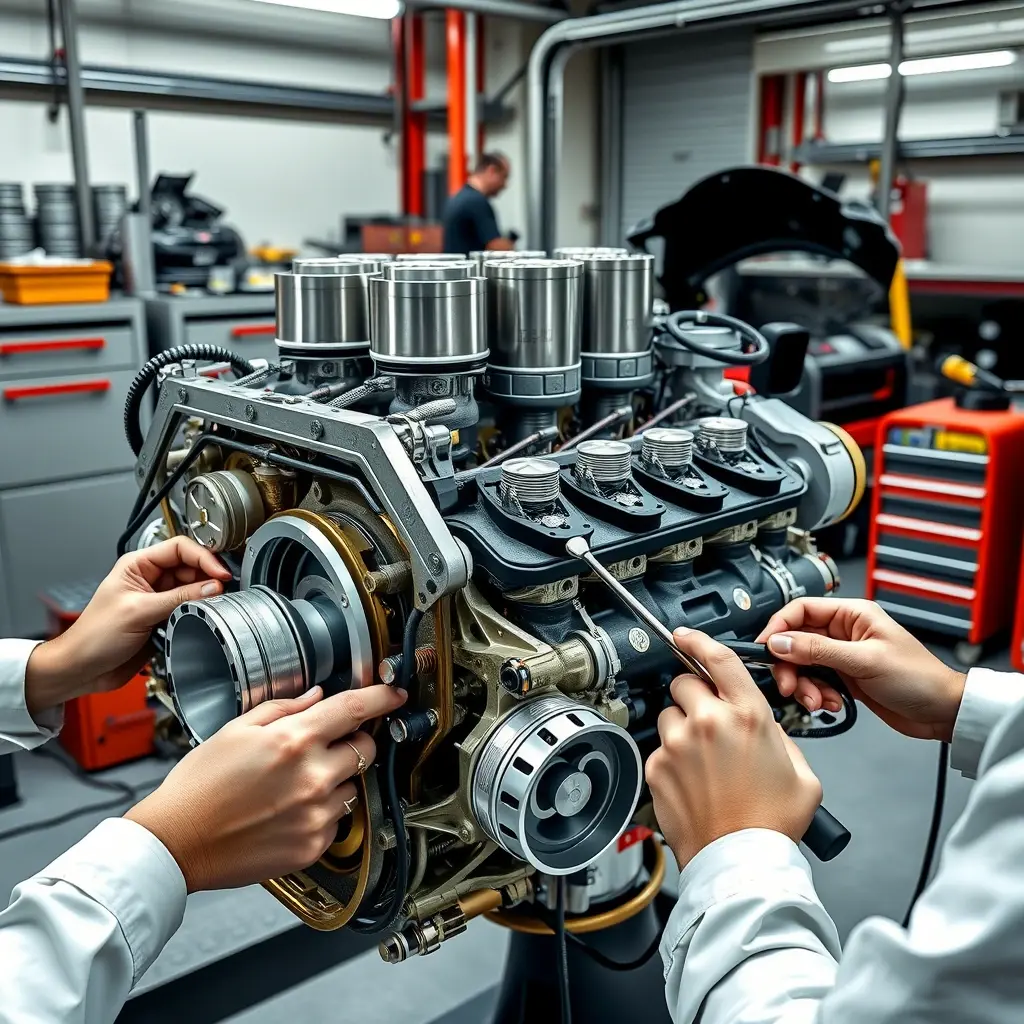 A detailed, high‑definition illustration of a McLaren 750S 4.0 L V8 twin‑turbo engine in a professional workshop, with the engine block opened, pistons, turbochargers, and internal components exposed. Skilled hands using precision tools are visible, focusing on the mechanical details, metal textures, and clean, organized environment. The lighting highlights the polished surfaces and intricate engineering, conveying a sense of meticulous overhaul work.