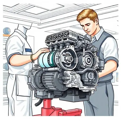 A detailed, realistic illustration of a mechanic working on the engine of an Audi Q2 1.5 TFSI. The engine should be partially disassembled, showcasing key components like the pistons, connecting rods, and cylinder head. The mechanic is wearing a uniform and using specialized tools. The background should be a clean, well-lit automotive repair shop. Focus on the engine and the repair process.
