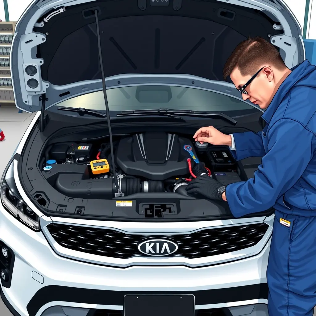A detailed, high-resolution illustration of a mechanic repairing the engine of a 2020 Kia Sorento 1.6 Hybrid (230 hp) in a clean workshop. The focus is on the open engine bay showing hybrid components, the gasoline engine, and diagnostic tools such as a multimeter, wrench set, and a laptop displaying engine data. The mechanic, wearing a blue coverall and safety glasses, is attentively working on the engine, with a clear view of the vehicle's logo subtly visible on the front grille, but no additional text or branding. The lighting is bright and realistic, emphasizing the metallic textures and intricate parts of the hybrid powertrain.