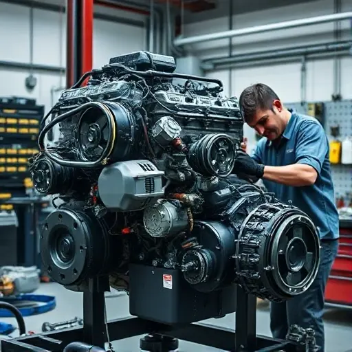 A detailed workshop scene showing a mechanic repairing a BYD Han DM i 1.5T engine, with visible engine components, electric motors, and tools, all in a clean, well-lit environment.