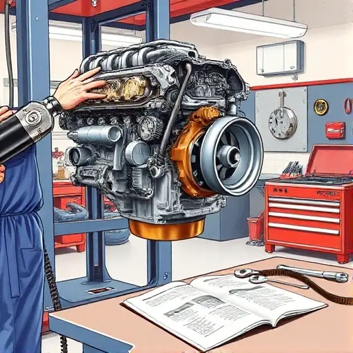 A detailed, realistic illustration of a Daewoo Nexia 1.5L 75 hp engine being repaired in a garage. The scene shows the engine mounted on a lift, partially disassembled to reveal pistons, crankshaft, and timing belt. A mechanic in a blue work apron holds a torque wrench, with a set of wrenches and a service manual open on a nearby table. The background is a workshop with a workbench, a toolbox, and a fluorescent light. The focus is on the engine components and tools, with clear lighting and realistic textures.