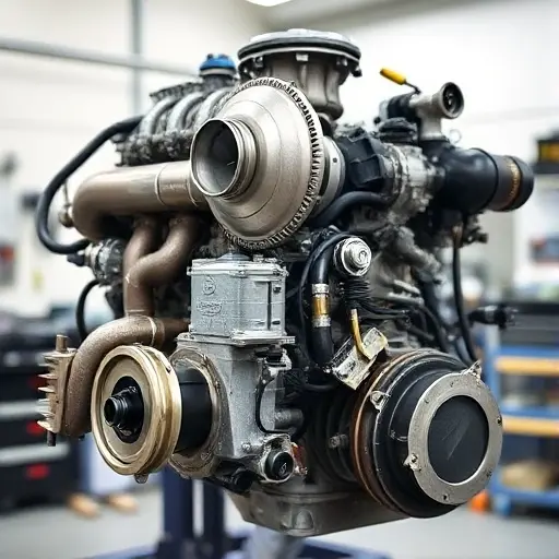 A detailed, high-quality image of a Cadillac CT4 2.0 Turbo engine undergoing a major repair. The engine should be partially disassembled, revealing intricate components. Focus on the engine block, turbocharger, and exhaust manifold. The background should be a clean, well-lit workshop environment.