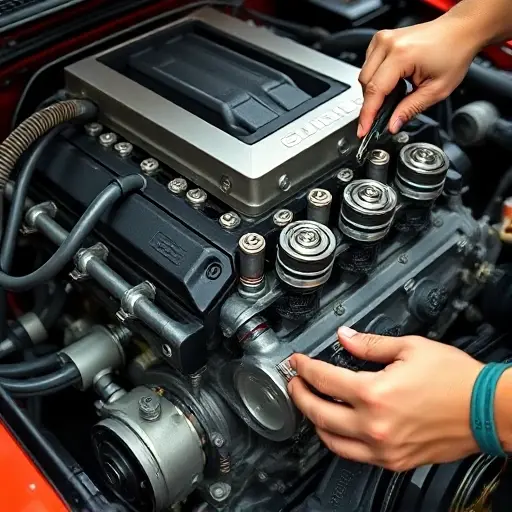 A detailed close-up of a Dodge Challenger Scat Pack 6.4 V8 HEMI engine during repair, showing the engine block, pistons, valves, and a mechanic's hands with tools, in a workshop setting, with a focus on mechanical detail and realism