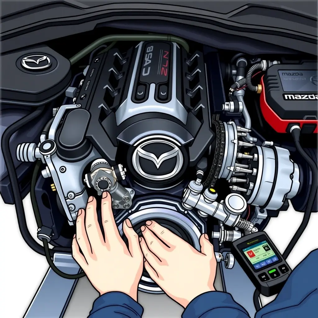 A detailed realistic illustration of a mechanic repairing the 2.0 L Skyactiv‑G engine of a 2017‑2023 Mazda CX‑5, showing the engine block, cylinder head, timing chain, and tools such as wrenches and diagnostic equipment, with a clean workshop background, focusing on mechanical components and hands at work, no text or logos