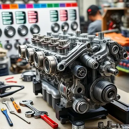 A detailed workshop scene showing a mechanic working on a 1.6L Daewoo Nubira engine. The engine block is partially disassembled, revealing pistons, crankshaft, and connecting rods. Tools such as wrenches, screwdrivers, and a torque wrench are neatly arranged on a workbench. The background includes labeled engine parts by color, a clean work surface, and bright focused lighting that highlights metal textures and the precision of the repair process.