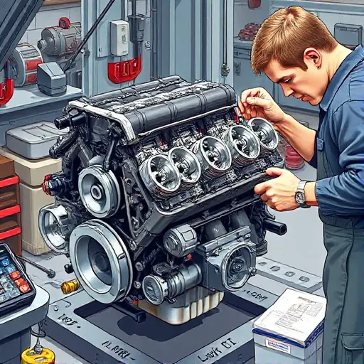 A detailed illustration of a mechanic in a garage repairing a 1997-1998 Eagle Vision 3.5 V6 engine. The engine block is open, showing pistons, valves, and timing components. The mechanic is using a wrench and diagnostic tools, with spare parts and a service manual subtly placed nearby. The scene is realistic, well-lit, focusing on the engine and repair process, without any text or branding.