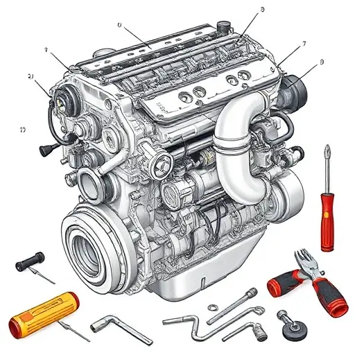 A detailed illustration of a BAW Zhanqi 2.0 Turbo engine undergoing repair. Focus on the engine block, turbocharger, and surrounding components. Show tools and parts commonly used in engine repair.
