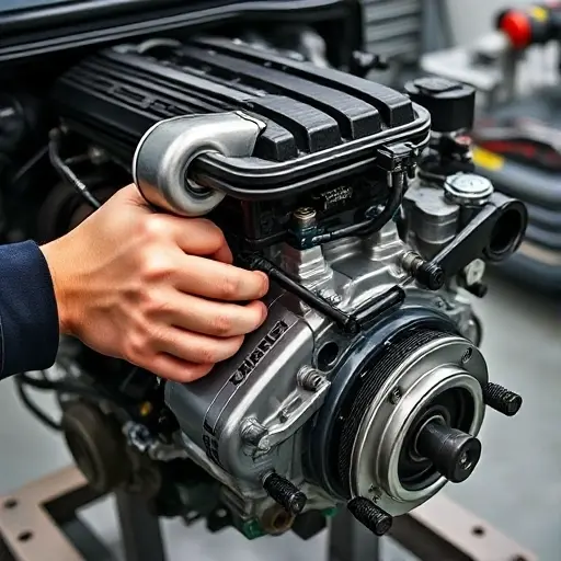 A detailed, close-up view of a mechanic's hands working on a Changan CS75 Plus 1.5 Turbo engine, with visible engine block, turbocharger, and tools, set in a clean workshop environment, emphasizing realistic mechanical details and lighting.