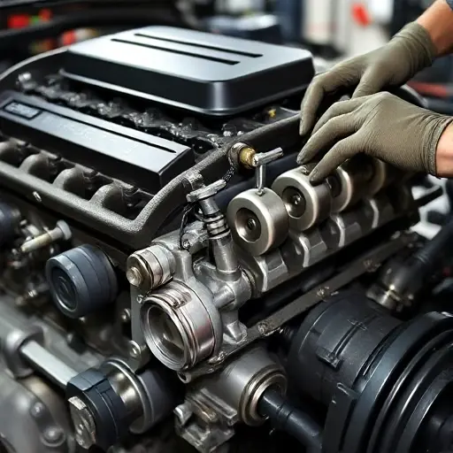 A detailed close-up of a Dodge Durango SRT 6.4 V8 engine during repair, showing the engine block, pistons, and a mechanic's hands with tools, in a workshop setting, with a focus on mechanical detail and realism
