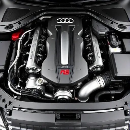 A detailed, high-quality image of an Audi R8 4.2 FSI V8 420 hp (2006–2015) engine bay. Focus on the engine components, highlighting the V8 configuration, intake manifold, exhaust system, and other key parts. The engine should be well-lit, showcasing the metallic surfaces and intricate details.