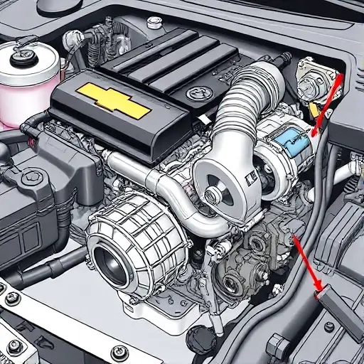 A detailed illustration of a Chevrolet Cruze 1.4 Turbo engine undergoing a major repair. Focus on the engine block, turbocharger, and surrounding components. Show tools and parts being used during the repair process.