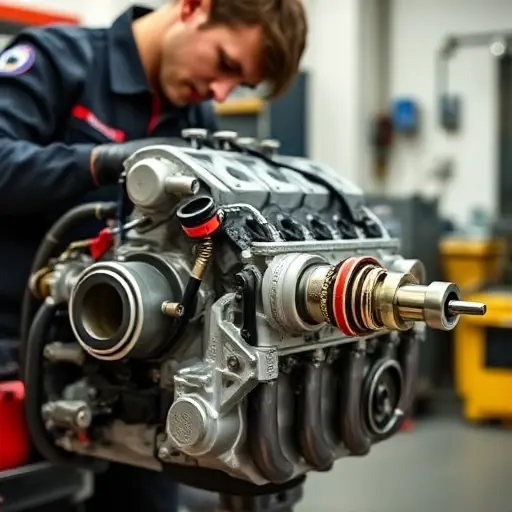 A detailed, high-quality image of a mechanic working on the engine of an Abarth 500 1.4 T Jet. The engine should be partially disassembled, showcasing the internal components. Focus on the engine block, turbocharger, and connecting rods. The mechanic should be wearing a uniform and using specialized tools. The background should be a clean, well-lit garage environment.